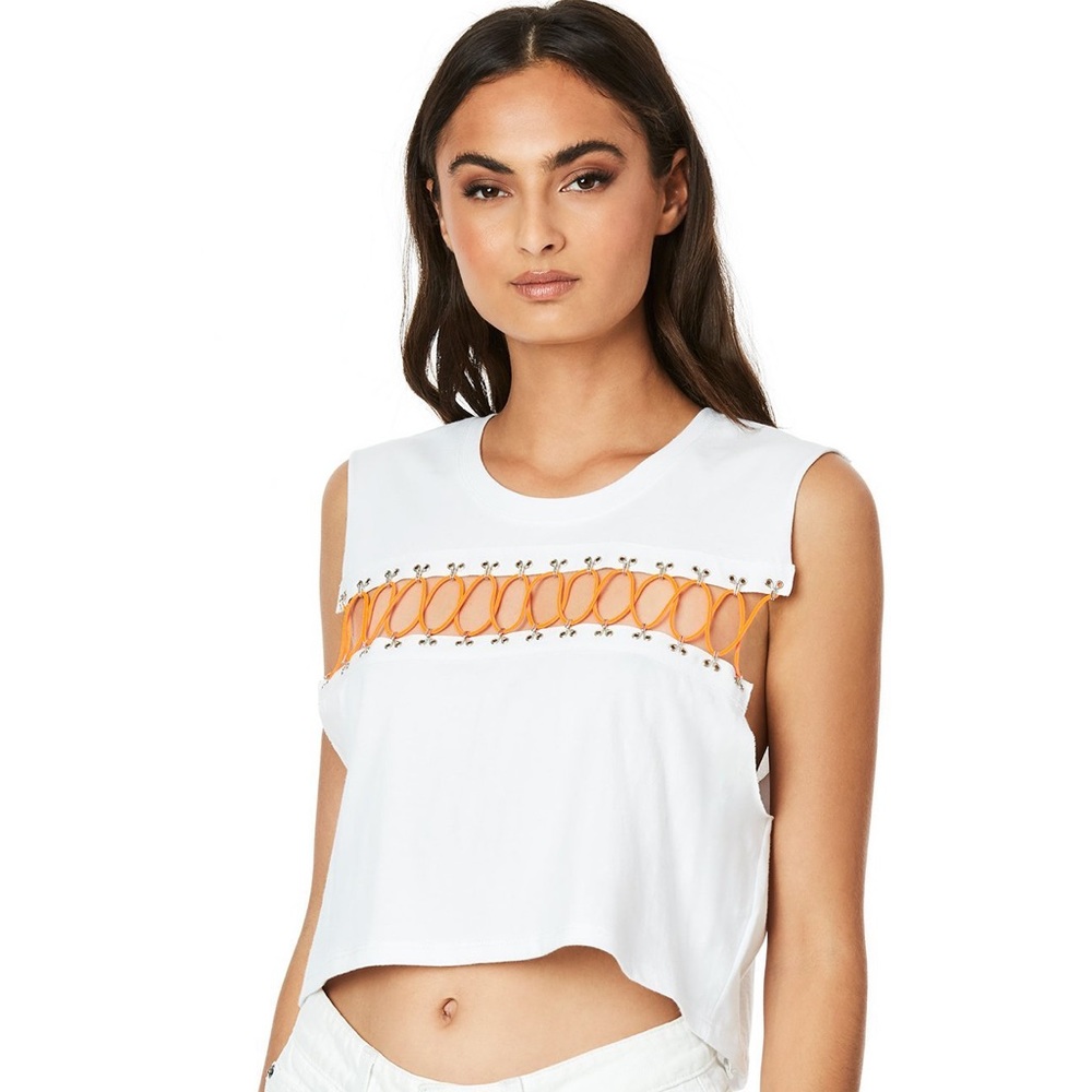 Emma & Sam Crisscross bungee sleeveless tee white